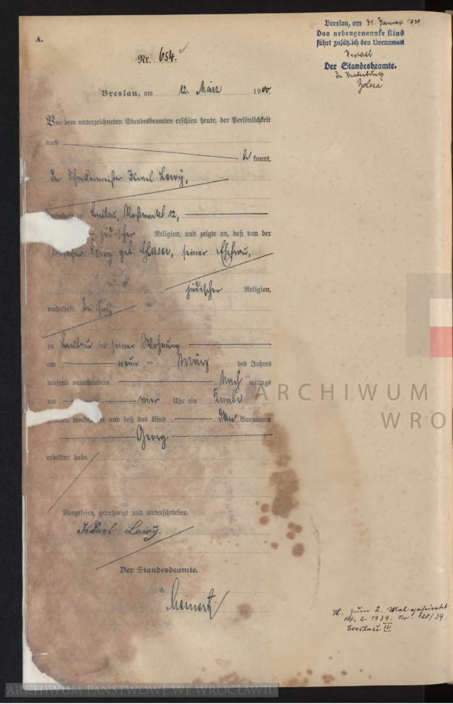 Georg Lewy Birth Record