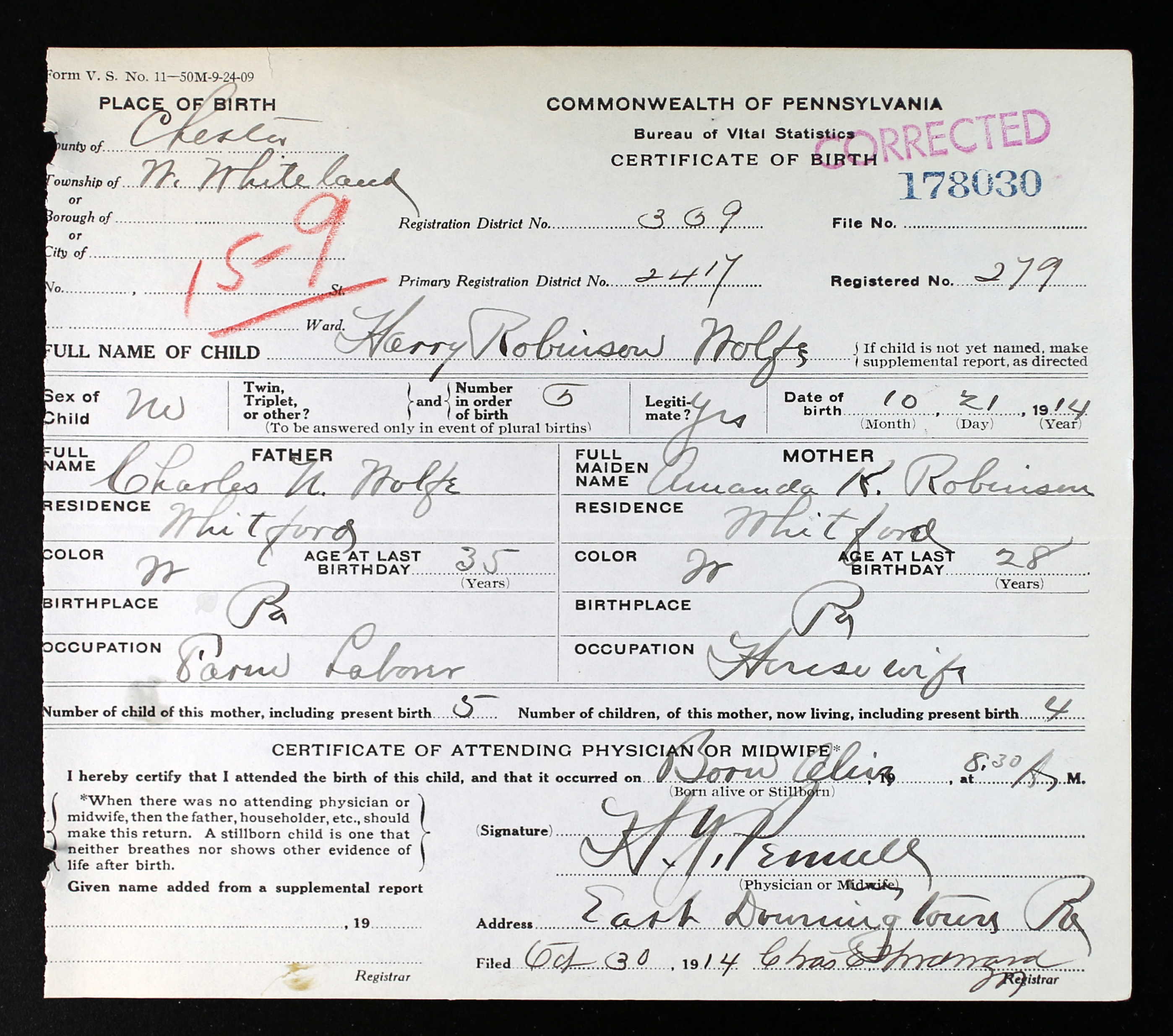Birth Certificate, Harry Wolfe