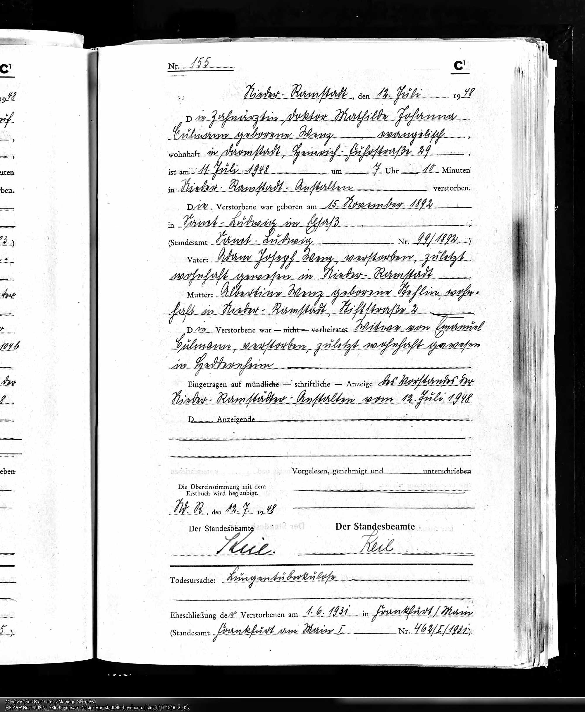 Death Record, Johanna Culmann nee Wenz