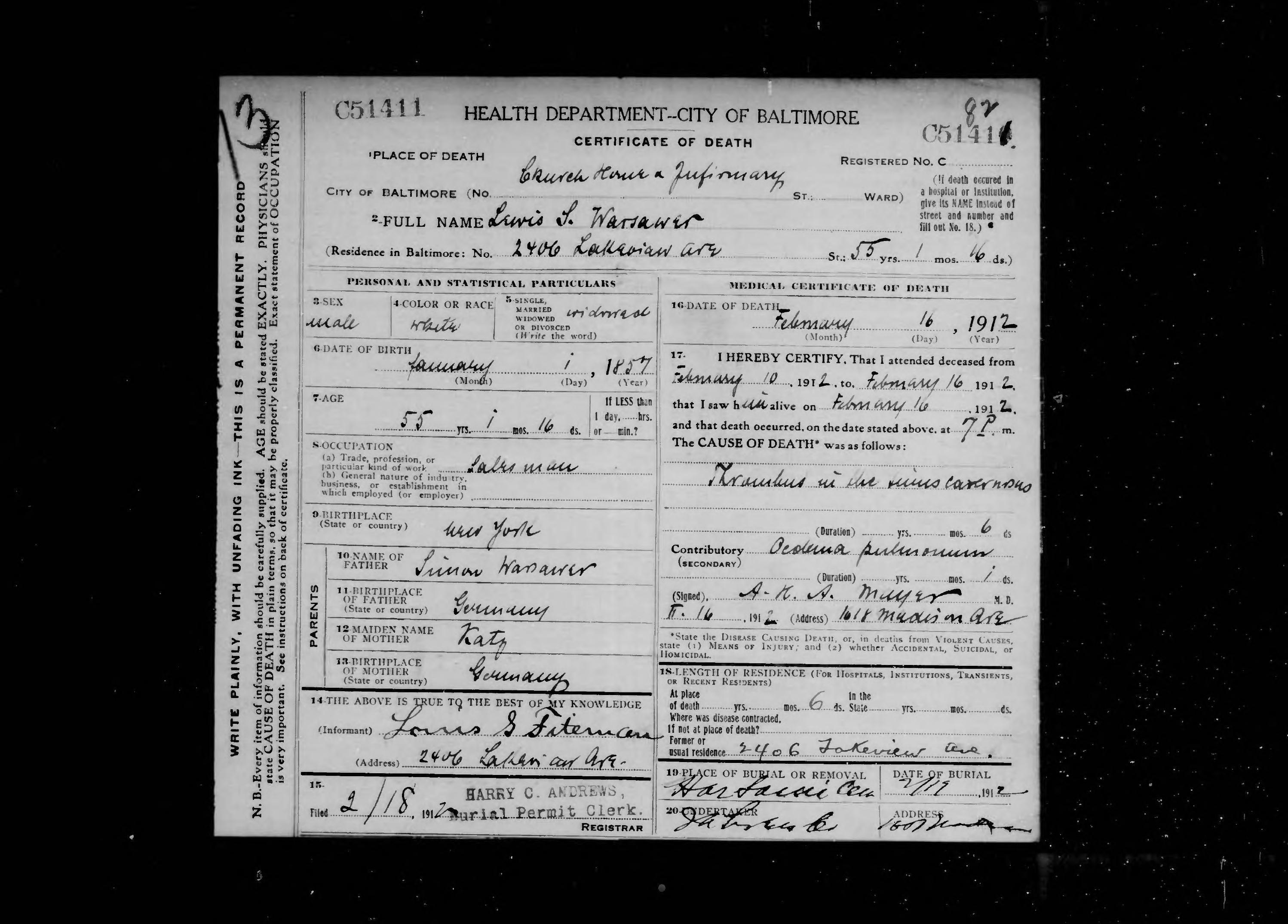 Lewis Warsawer Death Certificate 1912