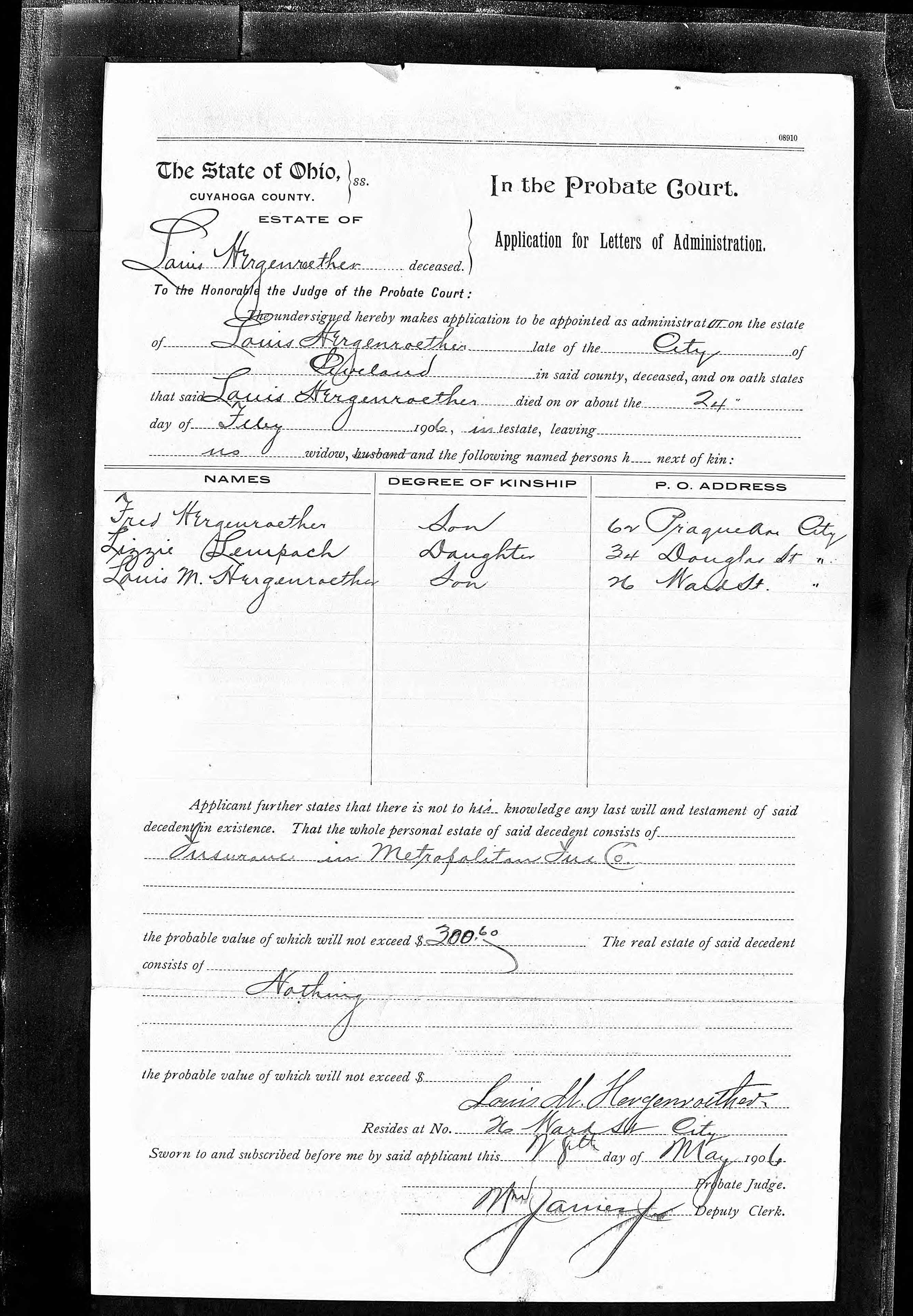 Louis Hergenroether Probate record, 1906