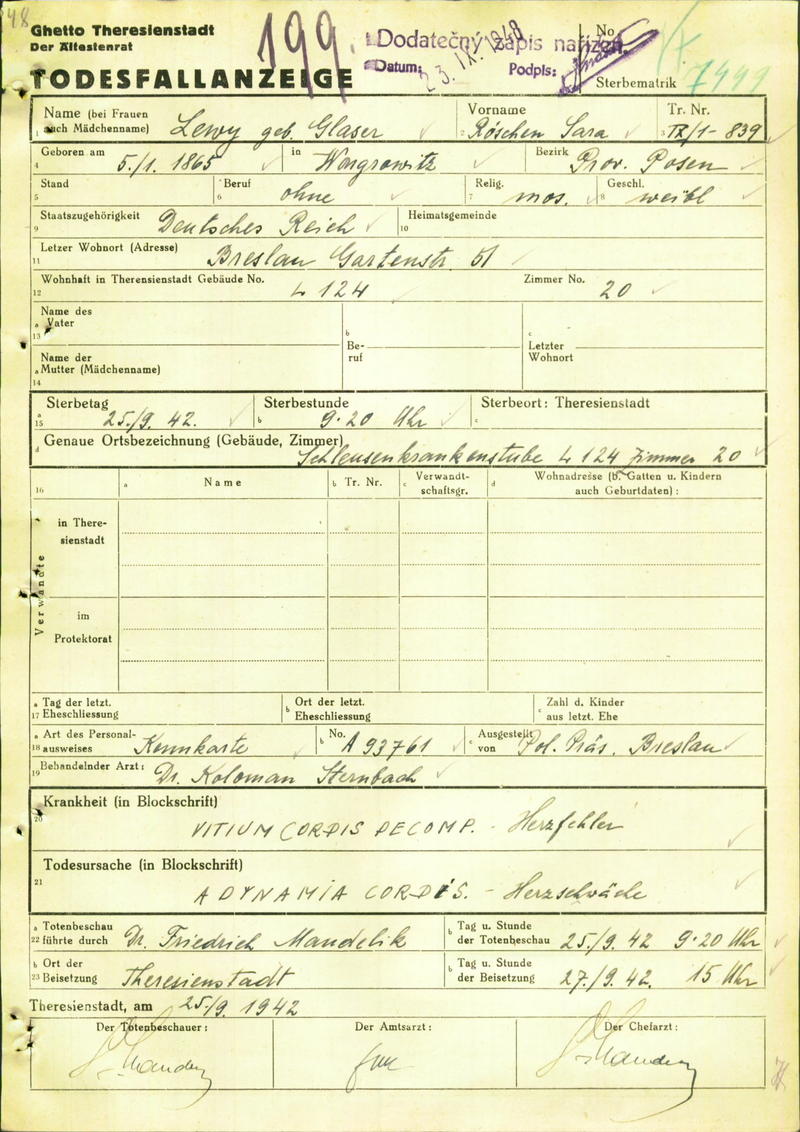 Death Certificate, Roschen Lewy nee Glaser